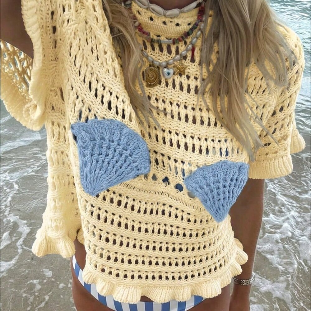 Yellow Casual Women's Hollow Out Knitted Beach Cover Up